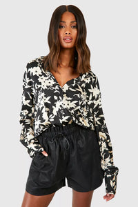 Boohoo Black Monochrome Floral Printed Womens Shirt