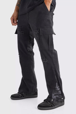 Boohoo Black Slim Stacked Flare Camo Gusset Rip And Repair Mens Trouser