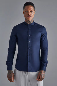 Boohoo Navy Blue Long Sleeve Grandad Collar Stretch Mens Shirt