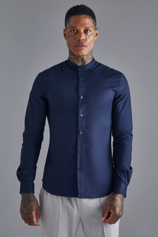 Boohoo Navy Blue Long Sleeve Grandad Collar Stretch Mens Shirt