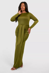 Boohoo Khaki Plus Ruched Waist Slinky Maxi Womens Dress