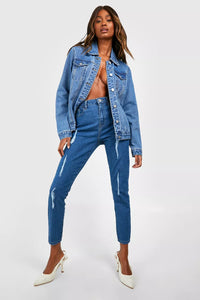 Boohoo Blue Basics High Waisted Extreme Ripped Skinny Womens Jeans