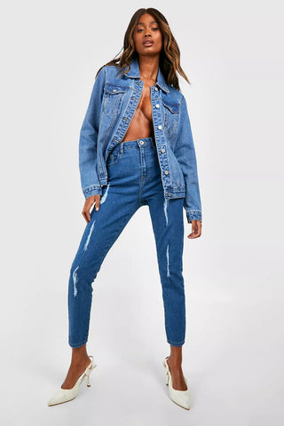 Boohoo Blue Basics High Waisted Extreme Ripped Skinny Womens Jeans