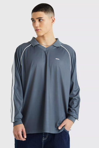 Boohoo Slate Blue Mesh Raglan Collard Football Mens Polo Shirt
