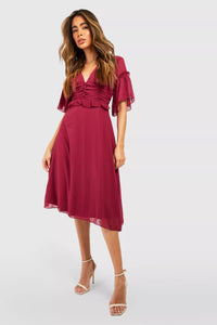 Boohoo Berry Pleated Ruffle Detail Midi Smock Womens Dress