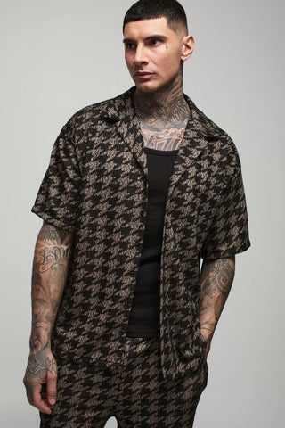 Boohoo Tall Charcoal Oversized Dogtooth Boucle Boxy Mens Shirt