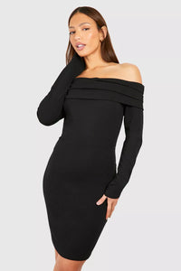 Boohoo Black Tall Crepe Ruched Bardot Womens Mini Dress