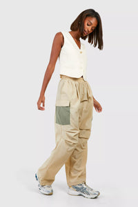 Boohoo Stone Colour Block Parachute Womens Trouser