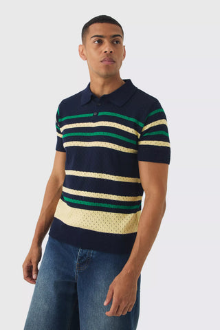 Boohoo Navy Multi Stripe Open Stitch Older Boyss Polo Shirt