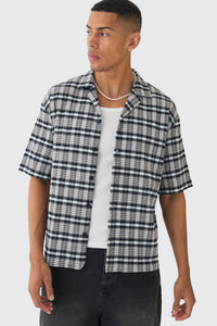Boohoo Black Oversized Seersucker Check Revere Short Sleeve Mens Shirt