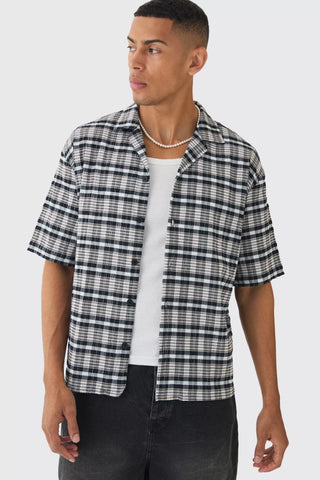 Boohoo Black Oversized Seersucker Check Revere Short Sleeve Mens Shirt