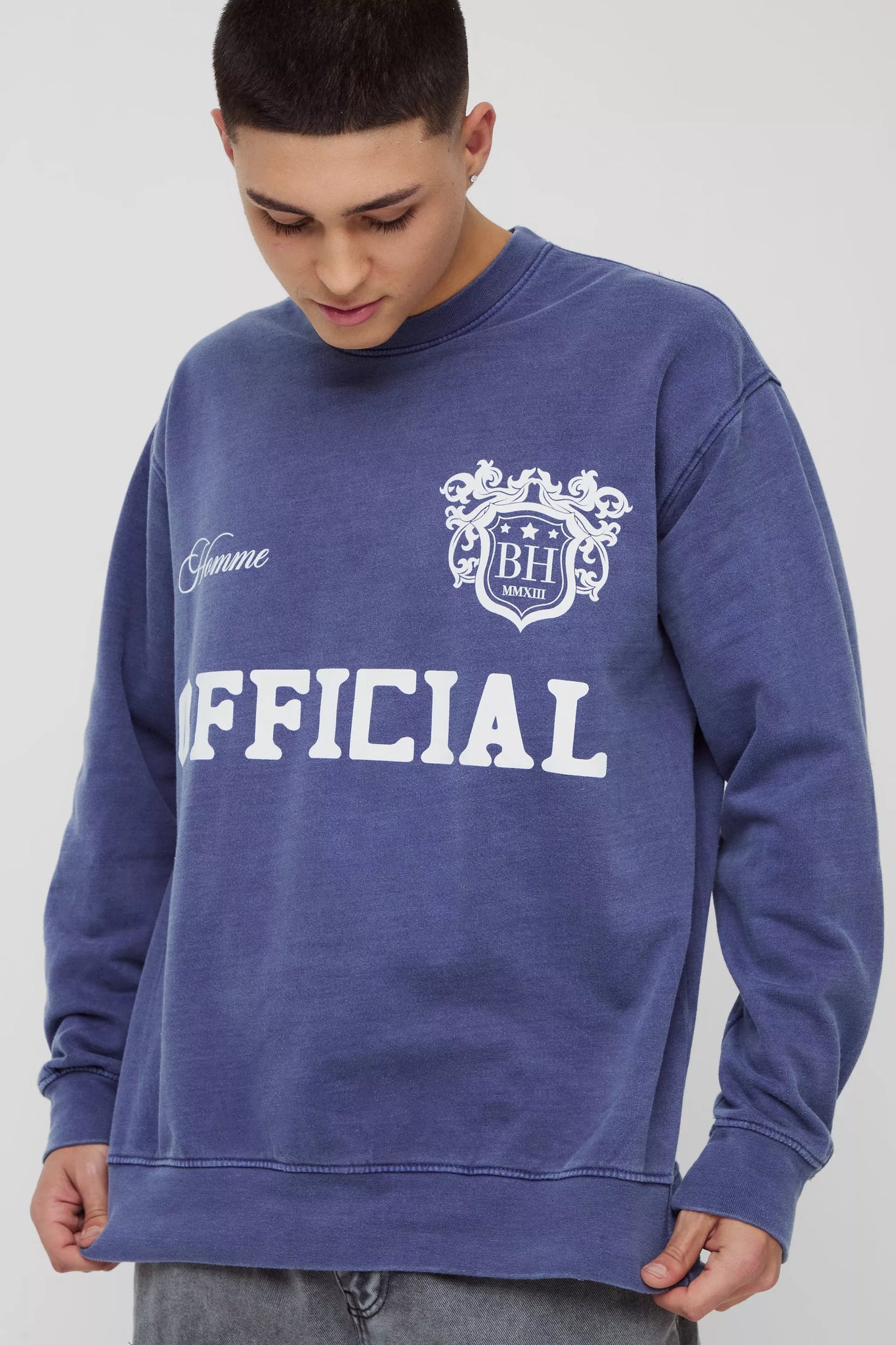 Boohoo Homme Official Navy Retro Varsity Graphic Washed Mens Sweatshirt