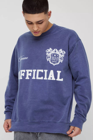 Boohoo Homme Official Navy Retro Varsity Graphic Washed Mens Sweatshirt