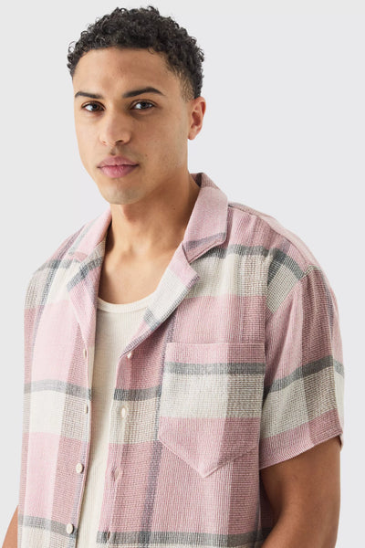 Boohoo Pink Oversized Textured Check Mens Shirt