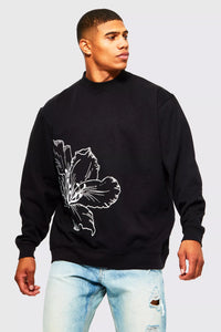 Boohoo Black Oversized Line Drawn Flower Print Mens Sweatshirt