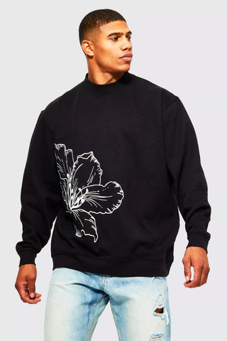 Boohoo Black Oversized Line Drawn Flower Print Mens Sweatshirt