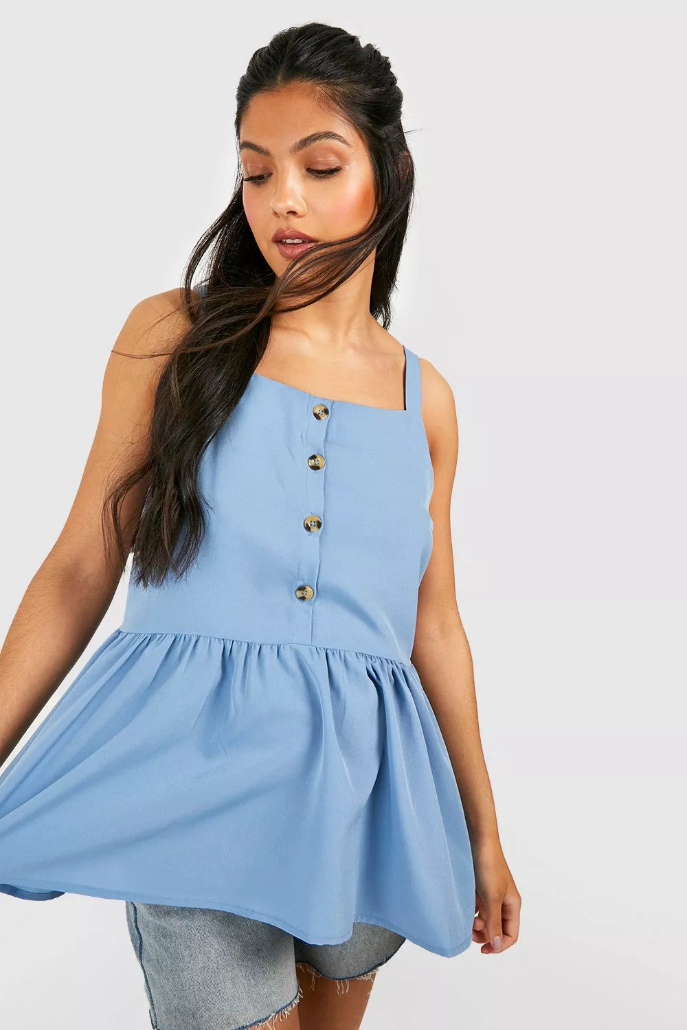 Boohoo Pastel Blue Maternity Button Front Cami Smock Womens Top