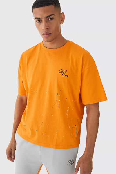 Boohoo Orange Oversized Boxy Paint Splatter Mens T-Shirt