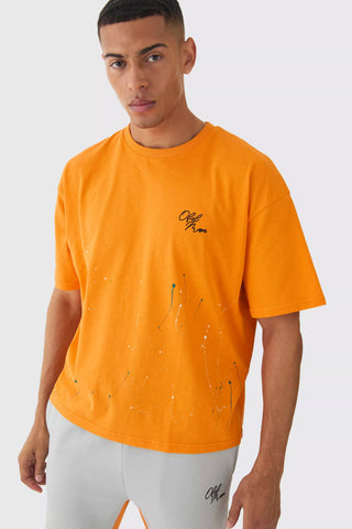 Boohoo Orange Oversized Boxy Paint Splatter Mens T-Shirt
