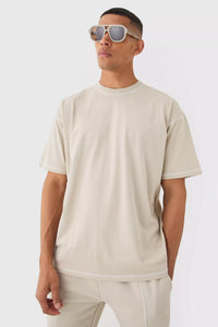 Boohoo Stone Oversized Contrast Stitch Extended Neck Mens T-Shirt