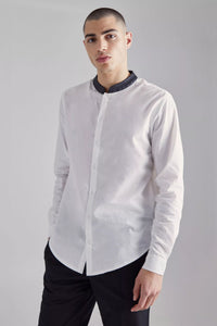 Boohoo Black Pu Grandad Collar White Poplin Mens Shirt