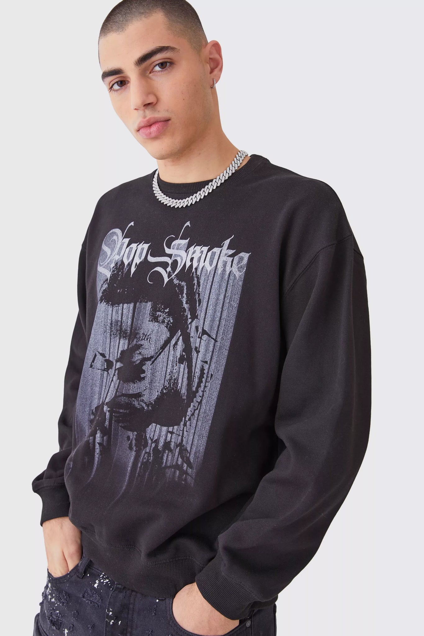 Boohoo Black Oversized Pop Smoke Monochrome License Mens Sweatshirt
