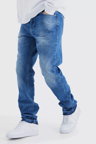 Boohoo Mid Blue Straight Rigid Let Down Hem Mens Jeans