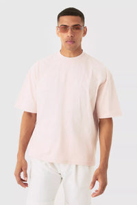 Boohoo Light Pink Oversized Boxy Extended Neck Floral Line Embroidered Mens T-Shirt