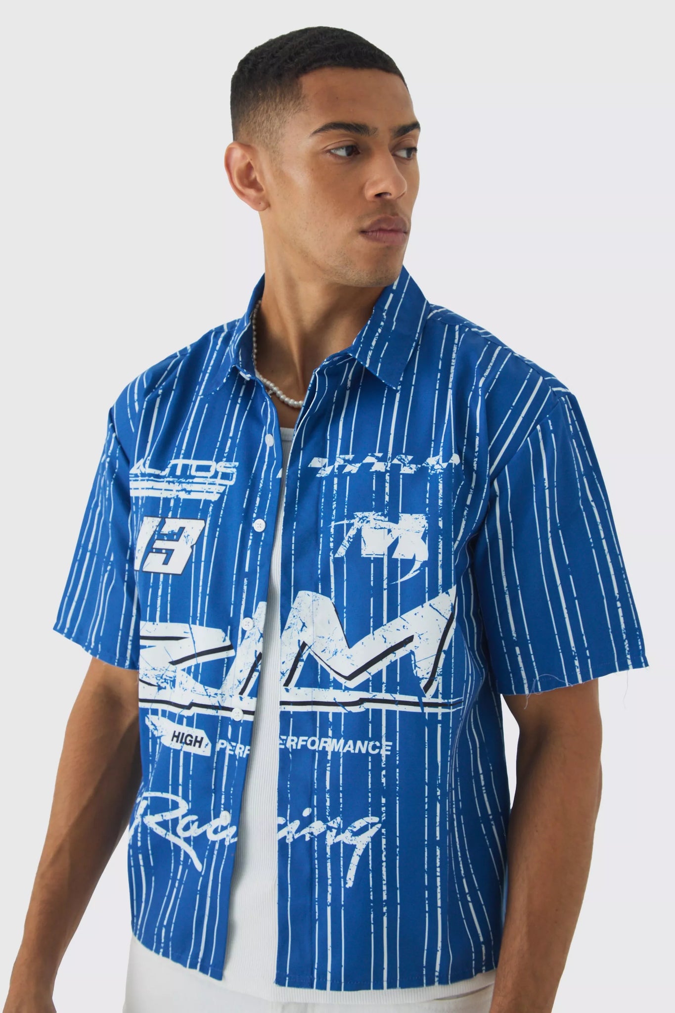 Boohoo Blue Oversized Stripe Front Graphic Boxy Mens Shirt