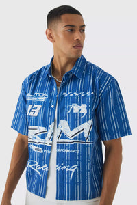 Boohoo Blue Oversized Stripe Front Graphic Boxy Mens Shirt