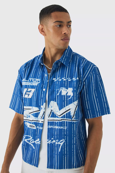 Boohoo Blue Oversized Stripe Front Graphic Boxy Mens Shirt