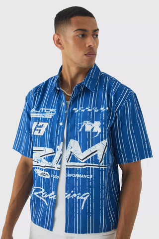 Boohoo Blue Oversized Stripe Front Graphic Boxy Mens Shirt