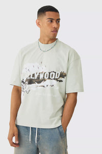 Boohoo Light Grey Oversized Boxy Extended Neck Hollywood Graphic Mens T-Shirt