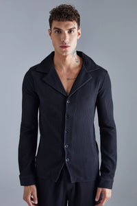 Boohoo Pleated Muscle Longsleeve Revere Mens Shirt