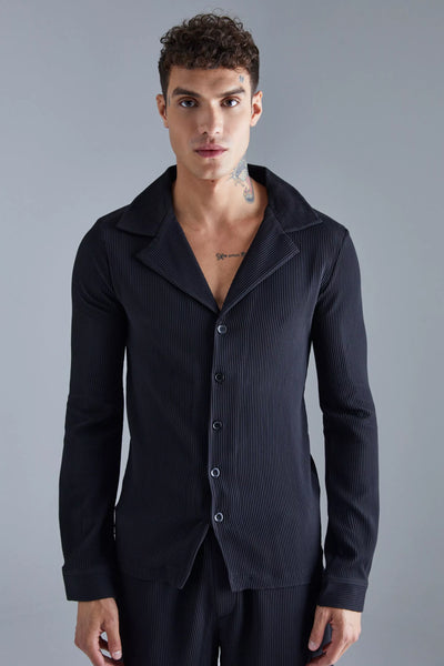 Boohoo Pleated Muscle Longsleeve Revere Mens Shirt
