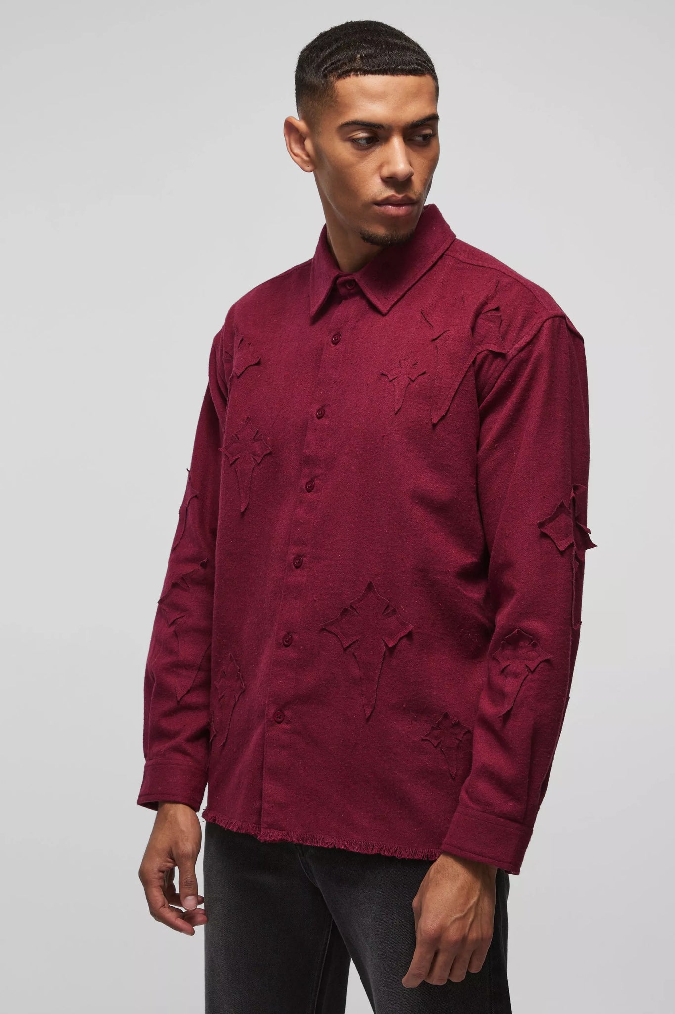 Boohoo Burgundy Oversized Cross Applique Brushed Long Sleeve Mens Shirt