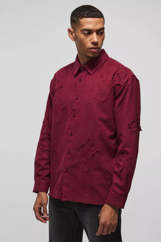 Boohoo Burgundy Oversized Cross Applique Brushed Long Sleeve Mens Shirt