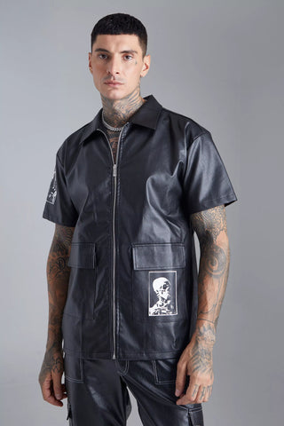 Boohoo Black Short Sleeve Boxy Photo Badge Mens Overshirt