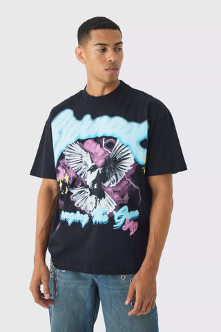 Boohoo Black Oversized Eternal Dove Graphic Heavyweight Mens T-Shirt