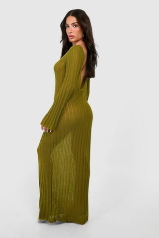Boohoo Khaki Petite Crochet Flare Sleeve Scoop Back Knitted Womens Dress