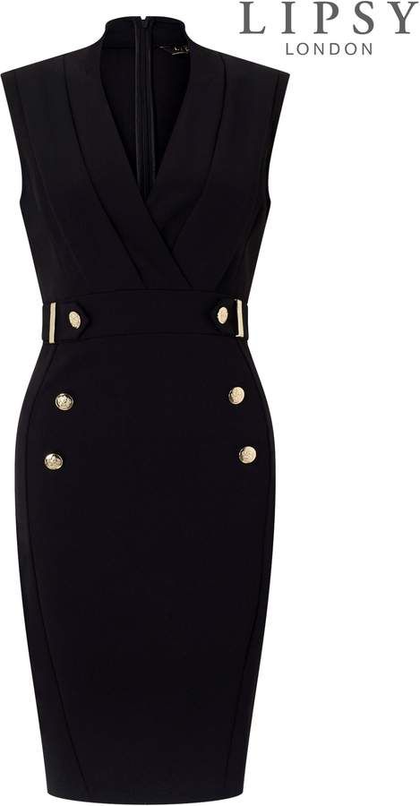 Lipsy London Black Tuxedo Button Detail Bodycon Womens Dress