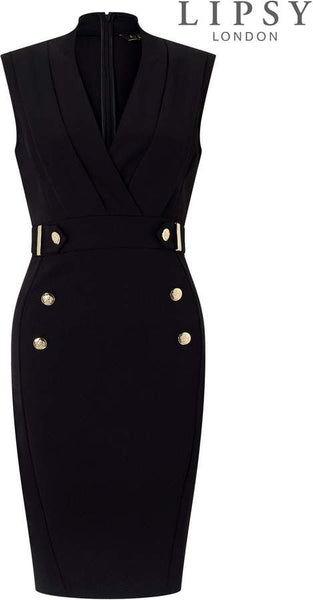 Lipsy London Black Tuxedo Button Detail Bodycon Womens Dress