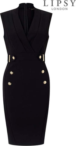 Lipsy London Black Tuxedo Button Detail Bodycon Womens Dress