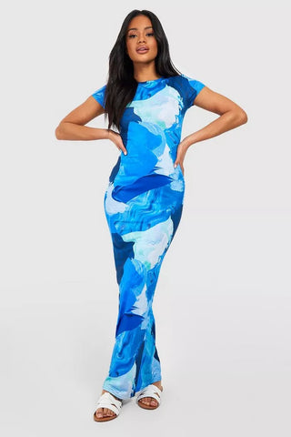 Boohoo Blue Abstract Cap Sleeve Maxi Womens Dress