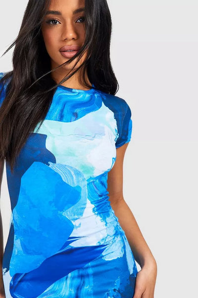 Boohoo Blue Abstract Cap Sleeve Maxi Womens Dress