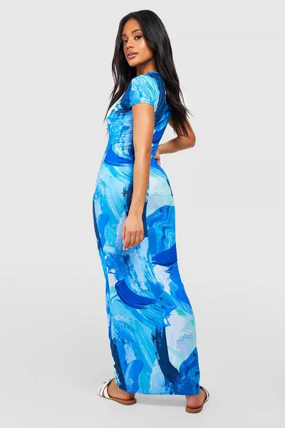 Boohoo Blue Abstract Cap Sleeve Maxi Womens Dress