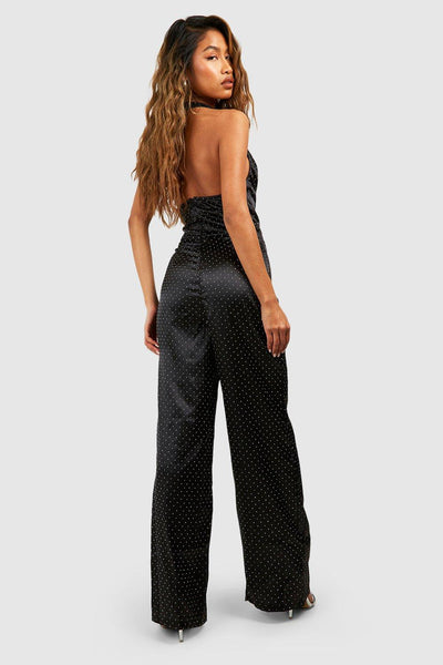 Boohoo Black Diamante Satin Cowl Womens Jumpsuit