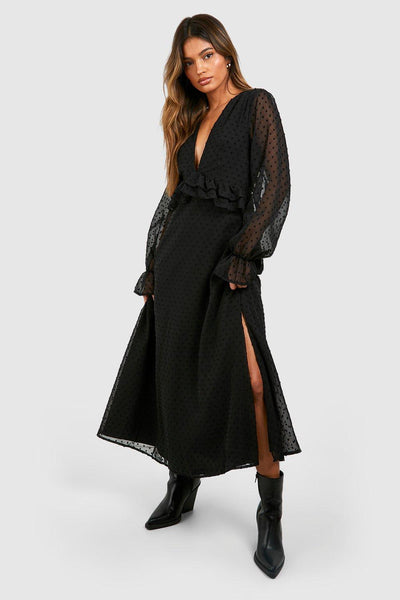 Boohoo Black Dobby Frill Midaxi Womens Dress