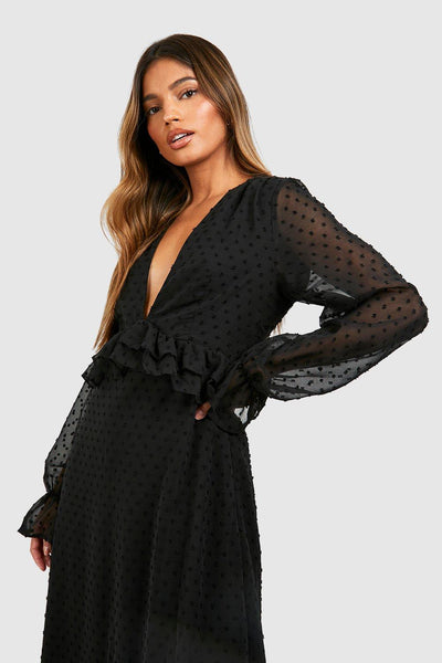 Boohoo Black Dobby Frill Midaxi Womens Dress
