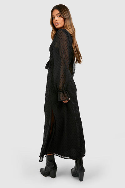 Boohoo Black Dobby Frill Midaxi Womens Dress
